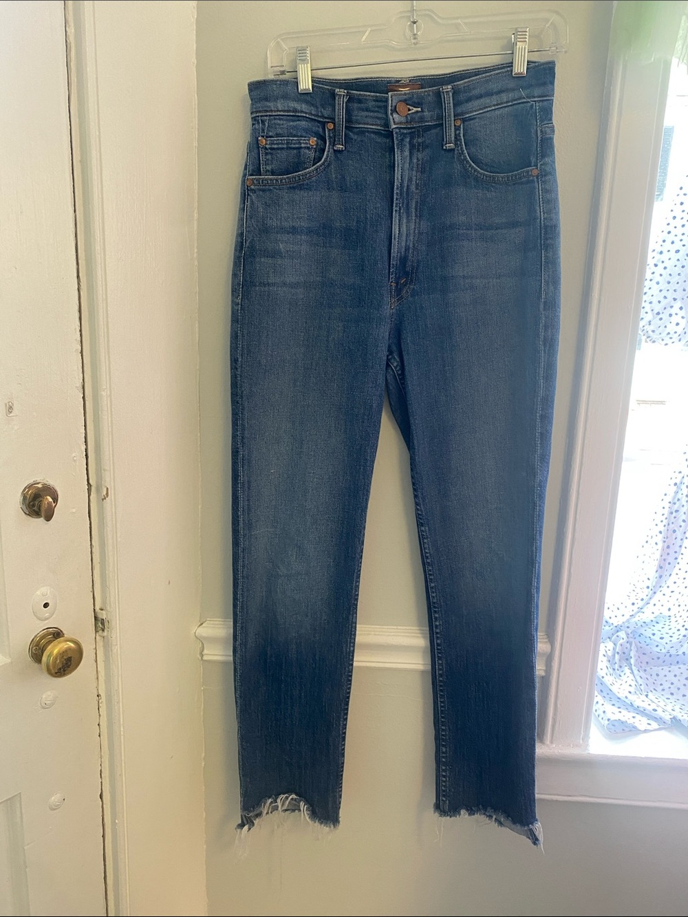 MOTHER High-Rise rider ankle step fray womens Jeans in Medium Blue